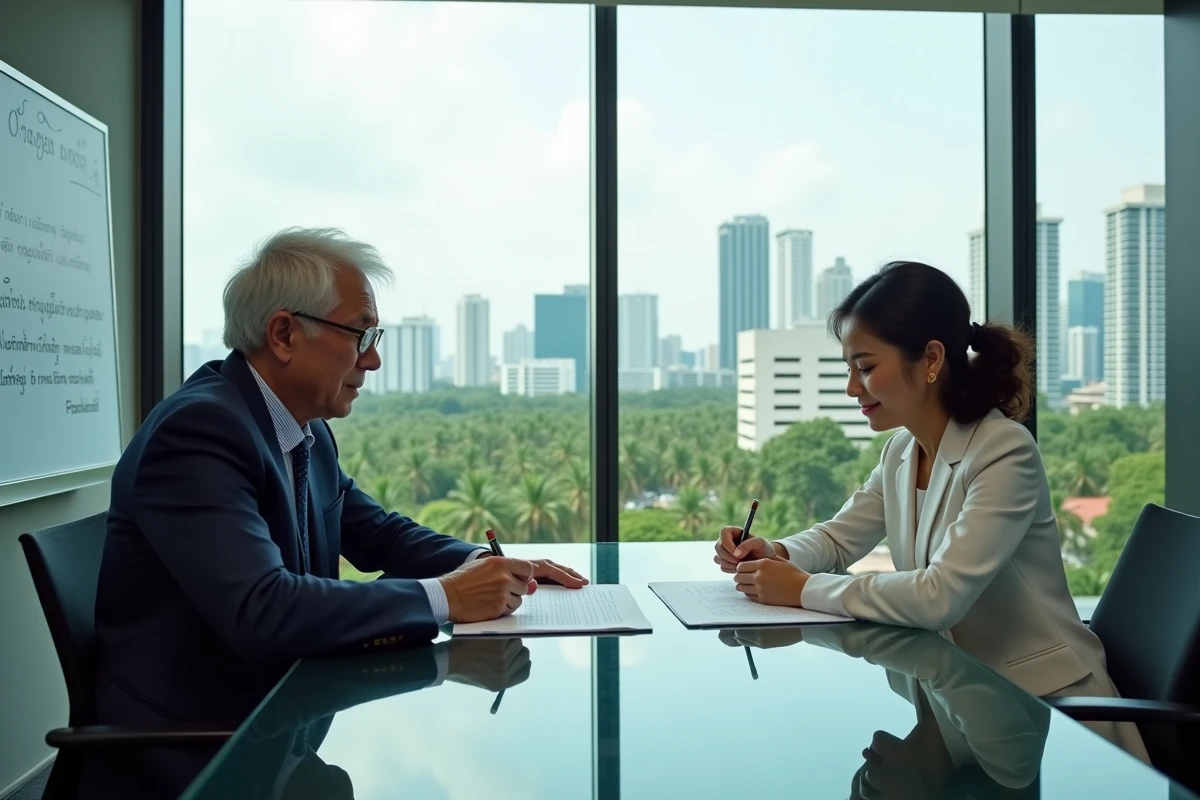 Expatrié occidental et partenaire thaïlandaise signant un contrat immobilier dans un bureau à Bangkok