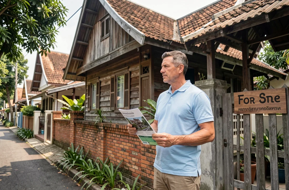 Expatrié occidental visitant une maison traditionnelle thaïlandaise à vendre dans la banlieue de Bangkok