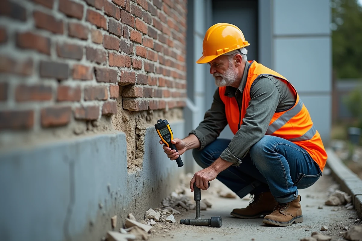 Expert en bâtiment inspectant les briques de mâchefer d'un mur extérieur avec un marteau de diagnostic