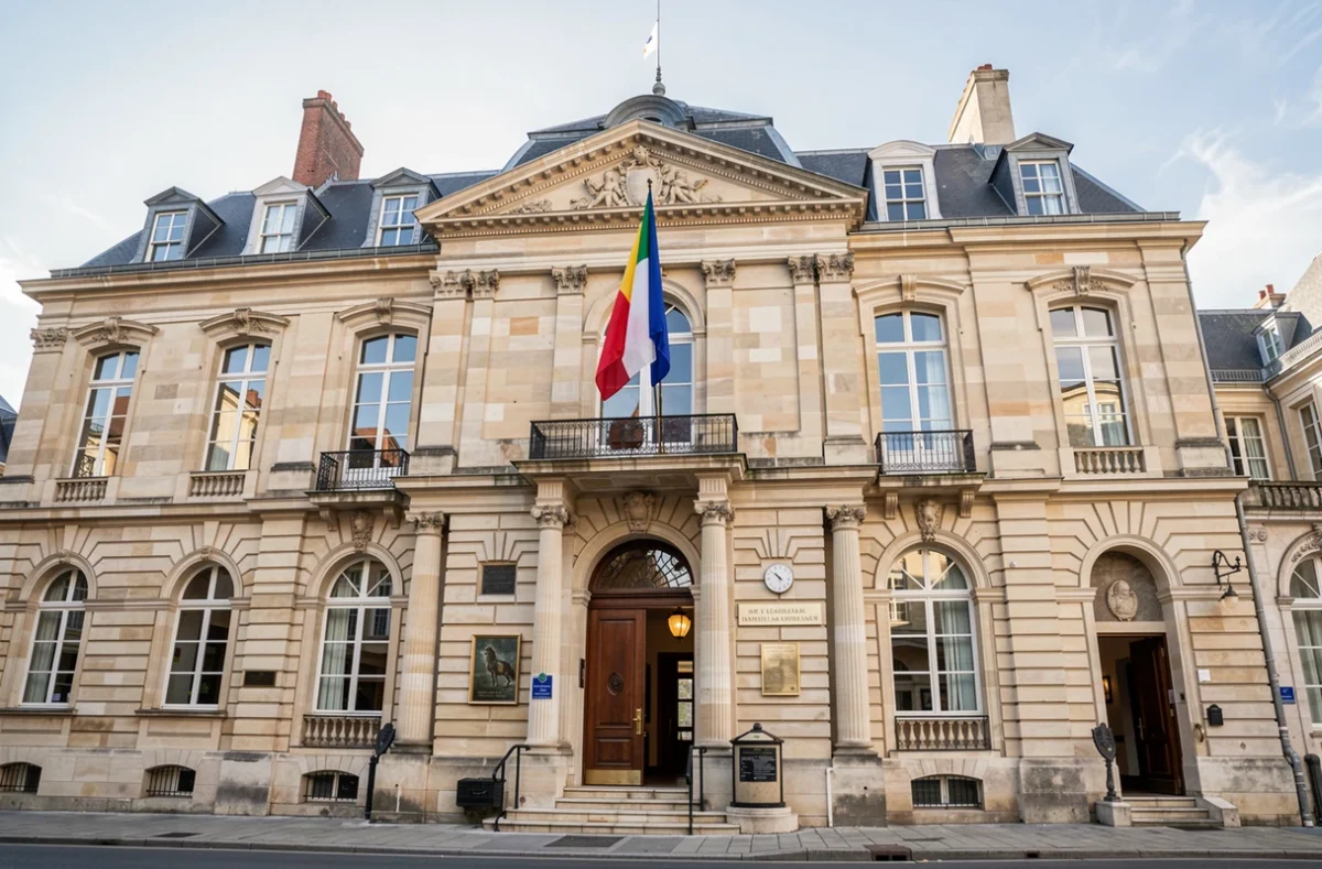 Façade d'une mairie française avec drapeau tricolore