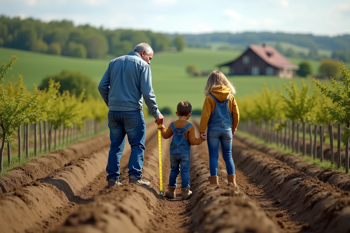Famille mesurant un verger avec jeunes plants et paysage rural