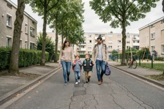 Famille avec enfants marchant dans un quartier résidentiel abordable de Villejean Beauregard à Rennes