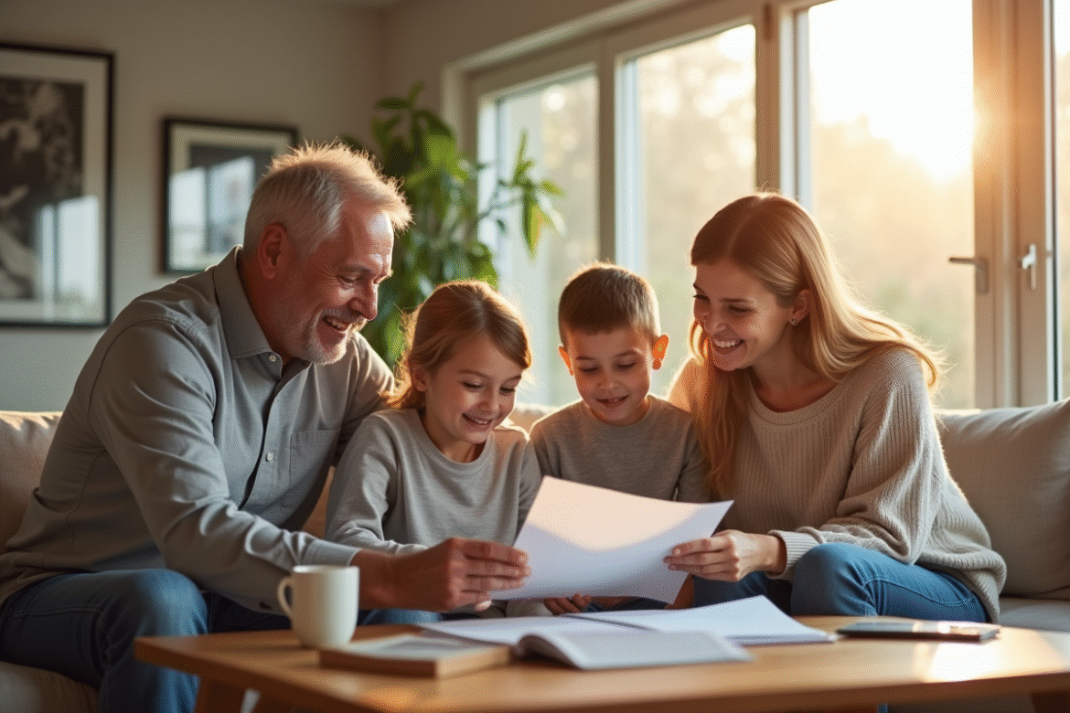 Famille heureuse dans un salon lumineux examinant des contrats d'assurance