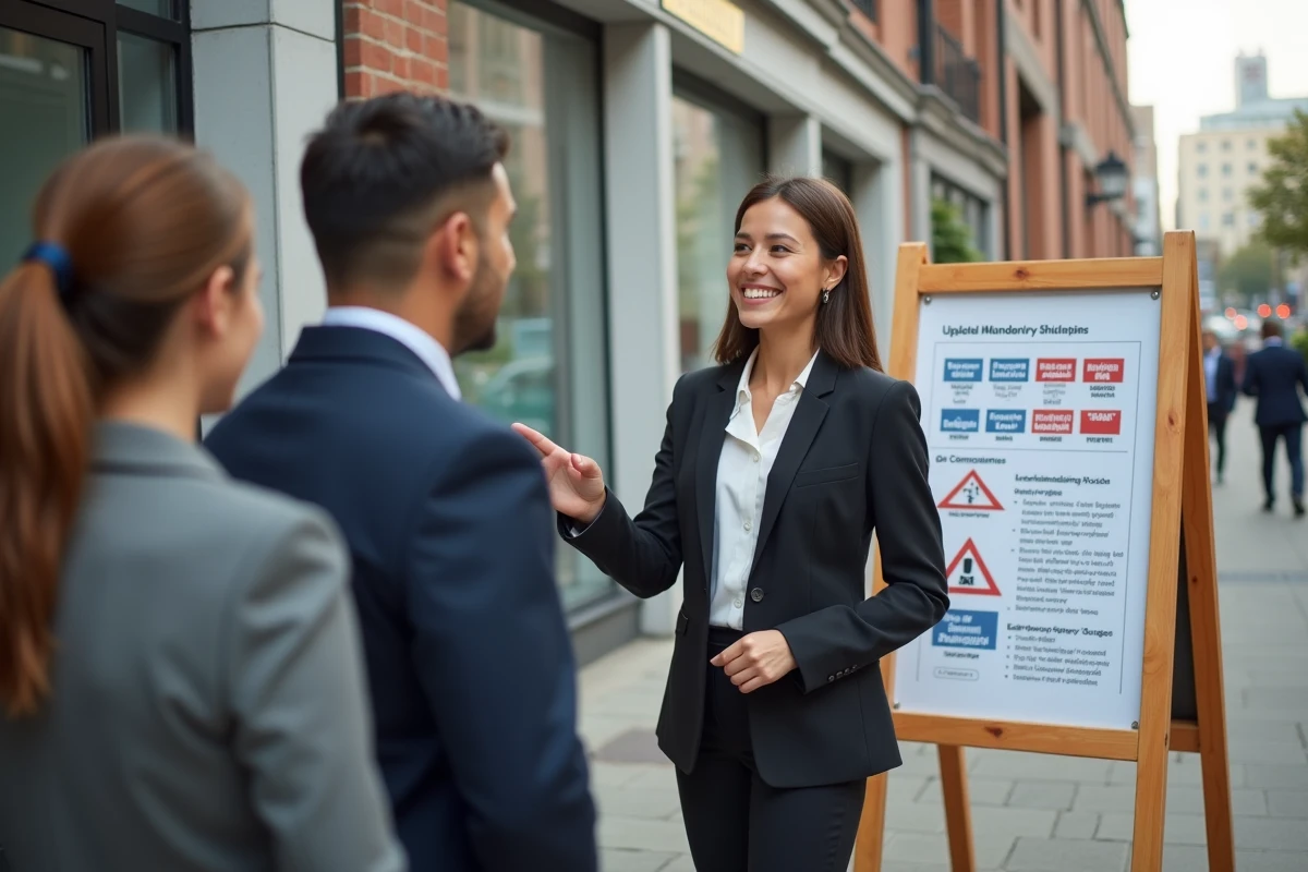 Jeune femme présentant nouvelle signalisation chantier