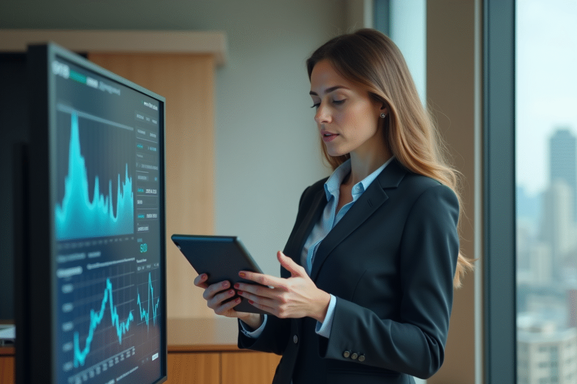 Femme d affaires regardant des données financières sur une tablette