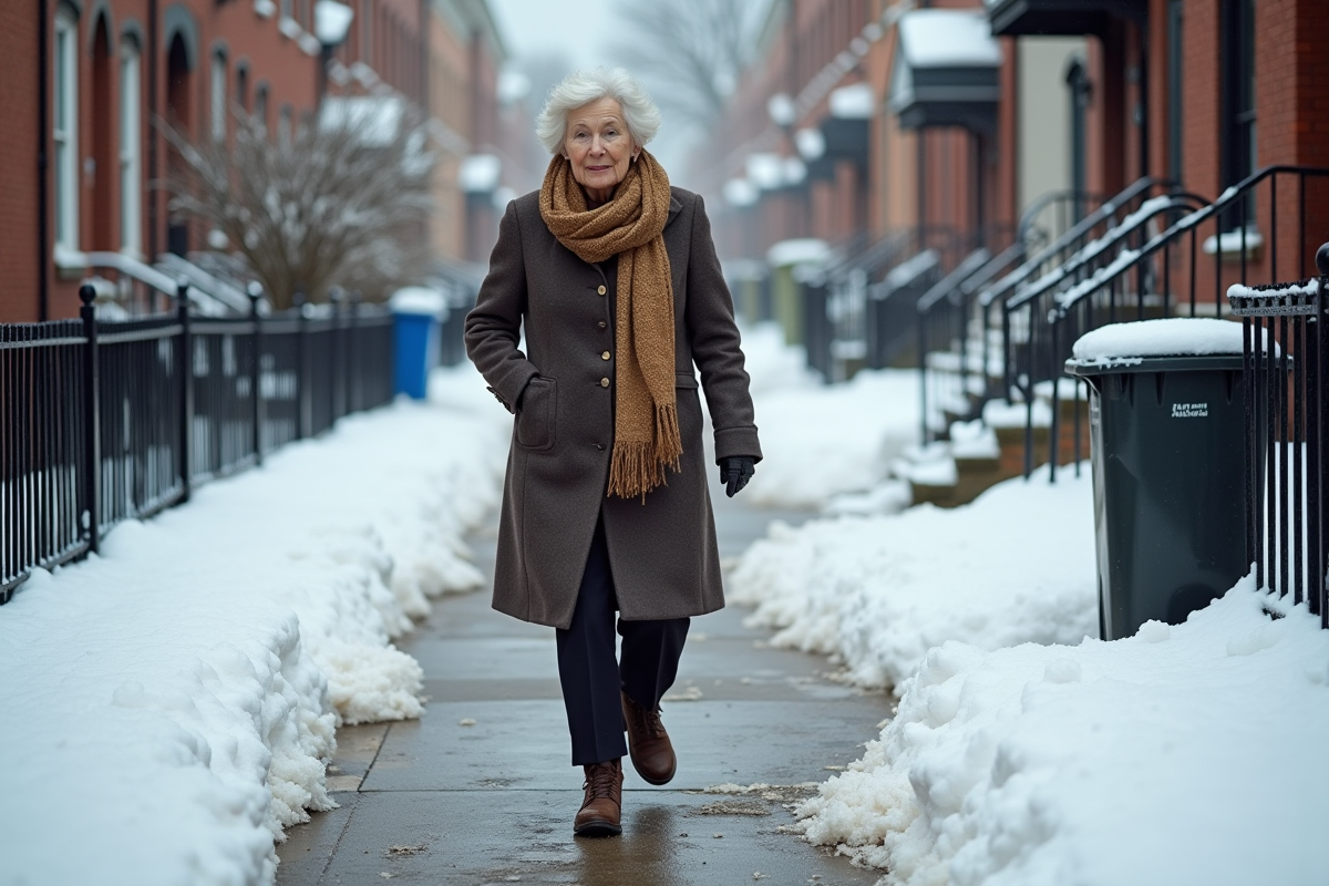 Femme agee marchant prudemment sur un trottoir enneige