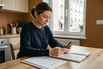 Femme consultant des documents d'assurance habitation sur une table en bois dans un appartement moderne