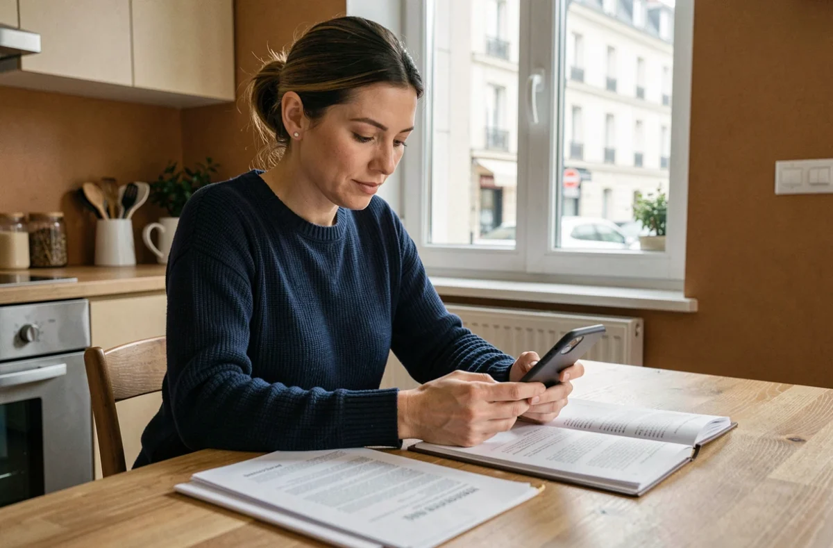 Femme consultant des documents d'assurance habitation sur une table en bois dans un appartement moderne