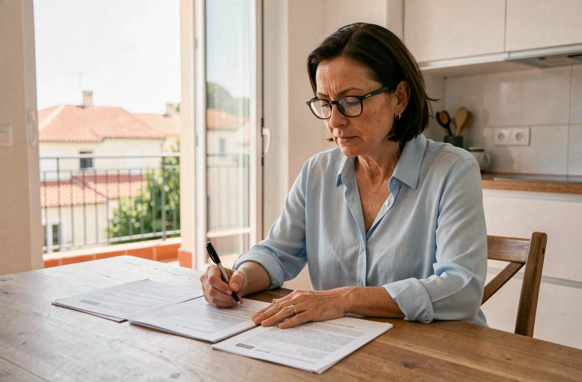Femme consultant des documents d'assurance habitation dans un appartement à Toulon
