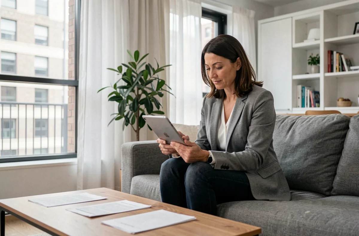 Femme propriétaire bailleur téléchargeant son attestation d'assurance PNO sur tablette dans son appartement