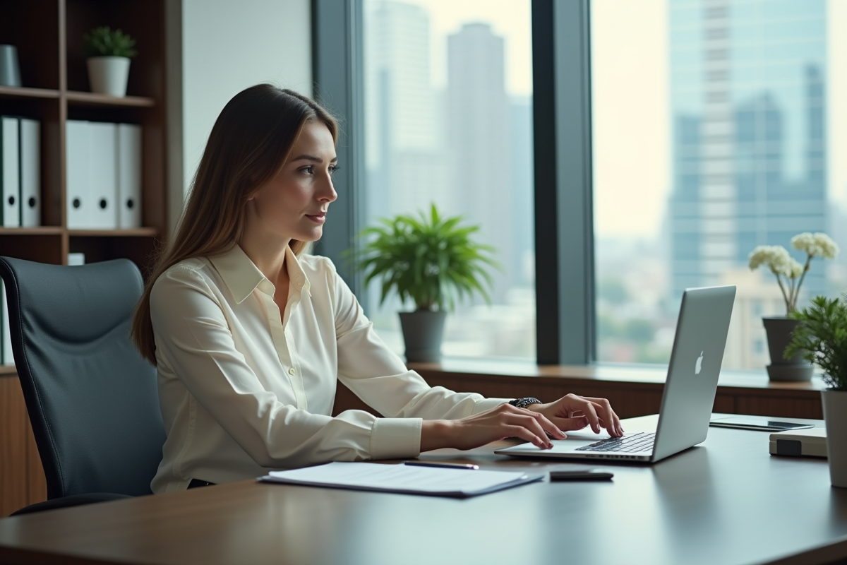 Femme professionnelle tape sur un ordinateur dans un bureau lumineux