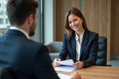 Femme confiante remettant des documents à un conseiller bancaire