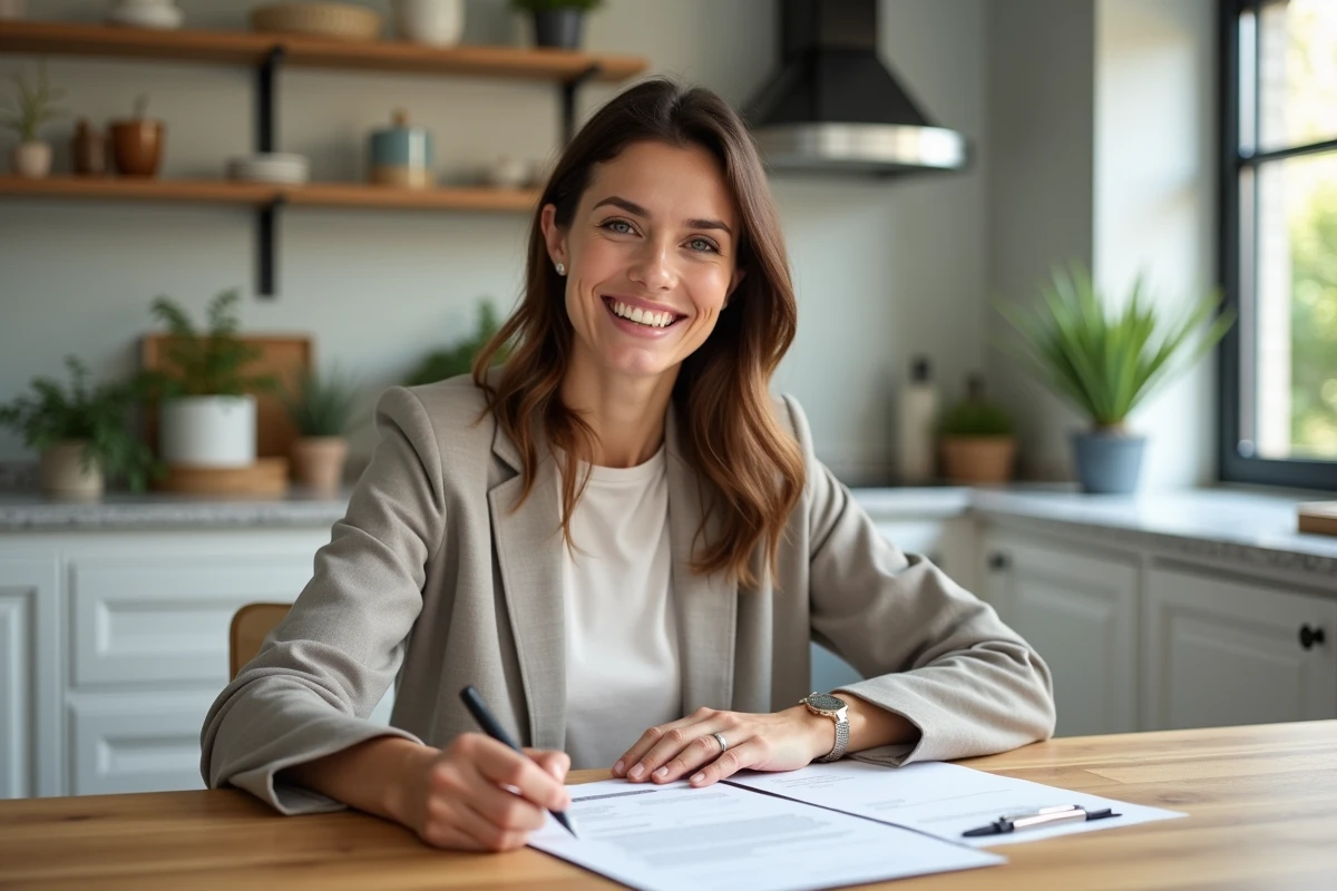 Femme souriante signant un contrat immobilier dans une cuisine moderne