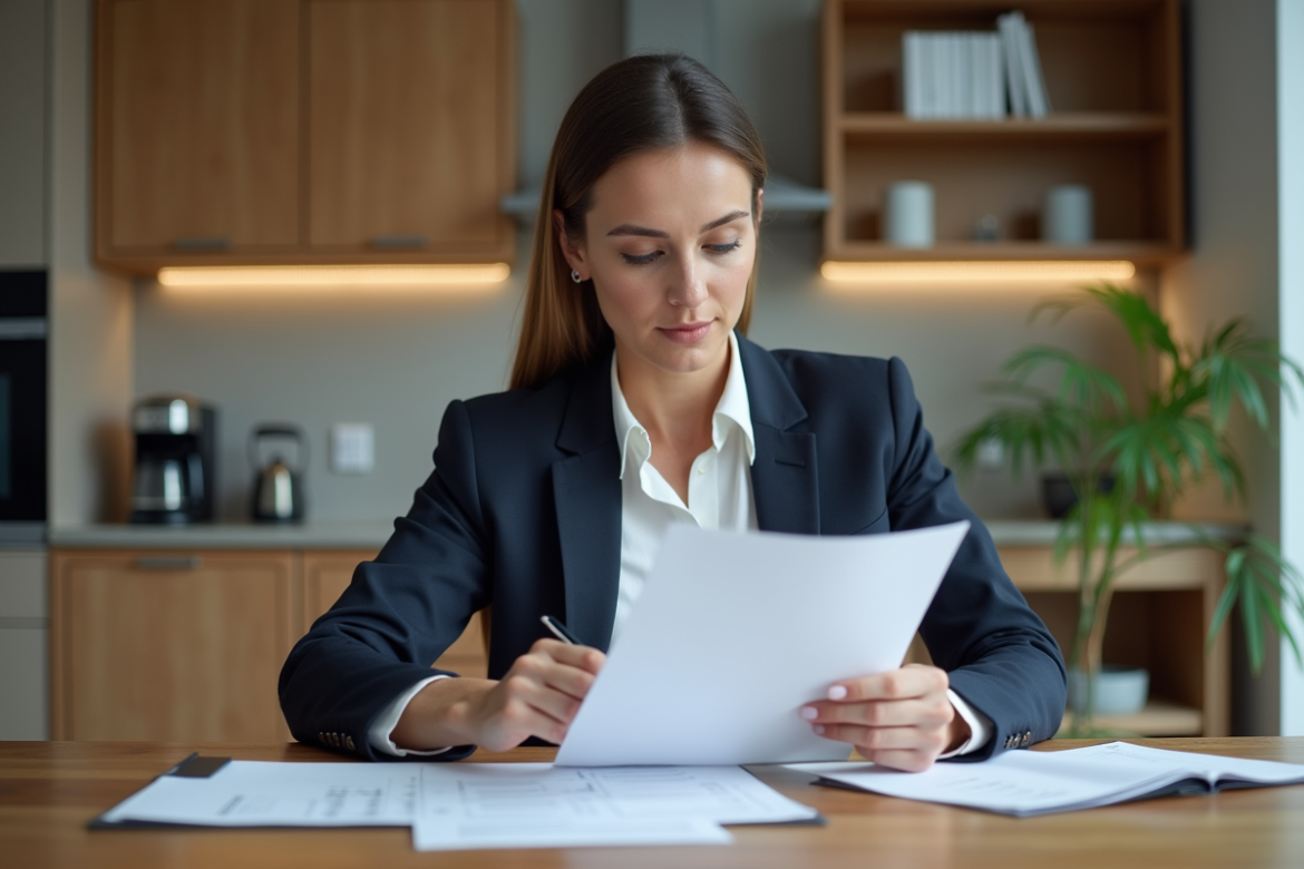 Femme d'affaires vérifiant un contrat de location dans un appartement moderne