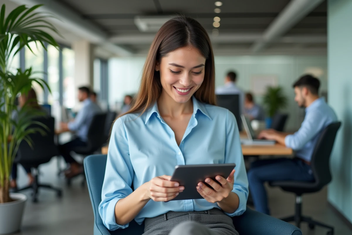 Femme en blouse bleue utilisant une tablette dans un espace de coworking