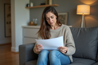 Femme assise sur un canapé avec documents endommagés par l'eau