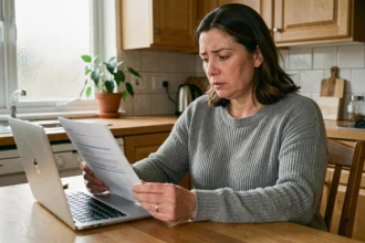 Femme consultant des documents d'assurance habitation sur une table de cuisine avec un ordinateur portable