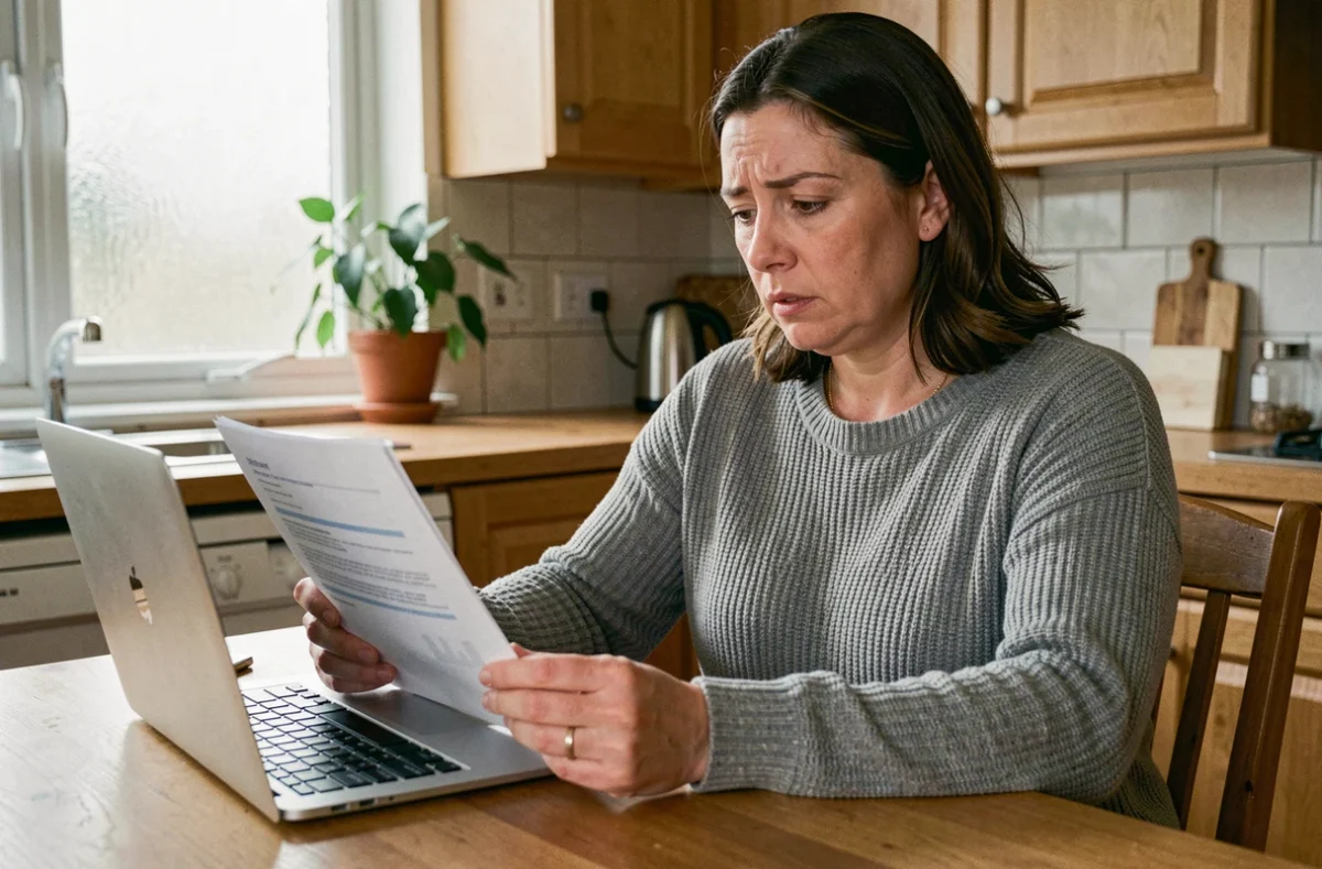 Femme consultant des documents d'assurance habitation sur une table de cuisine avec un ordinateur portable