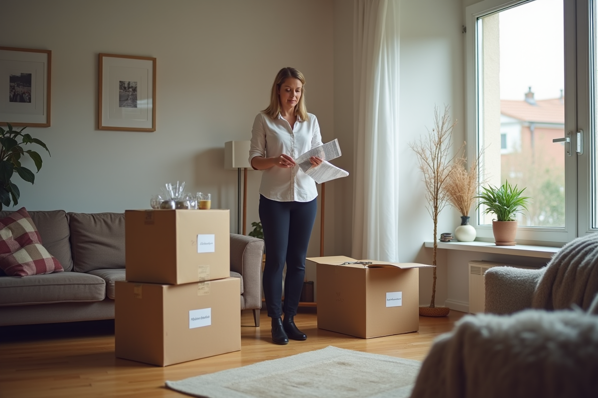 Femme emballant des verres dans une pièce à vivre