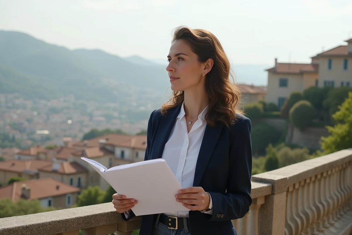 Femme emprunteuse tenant une brochure d'assurance immobilière sur une terrasse avec vue sur un quartier de coteaux résidentiels