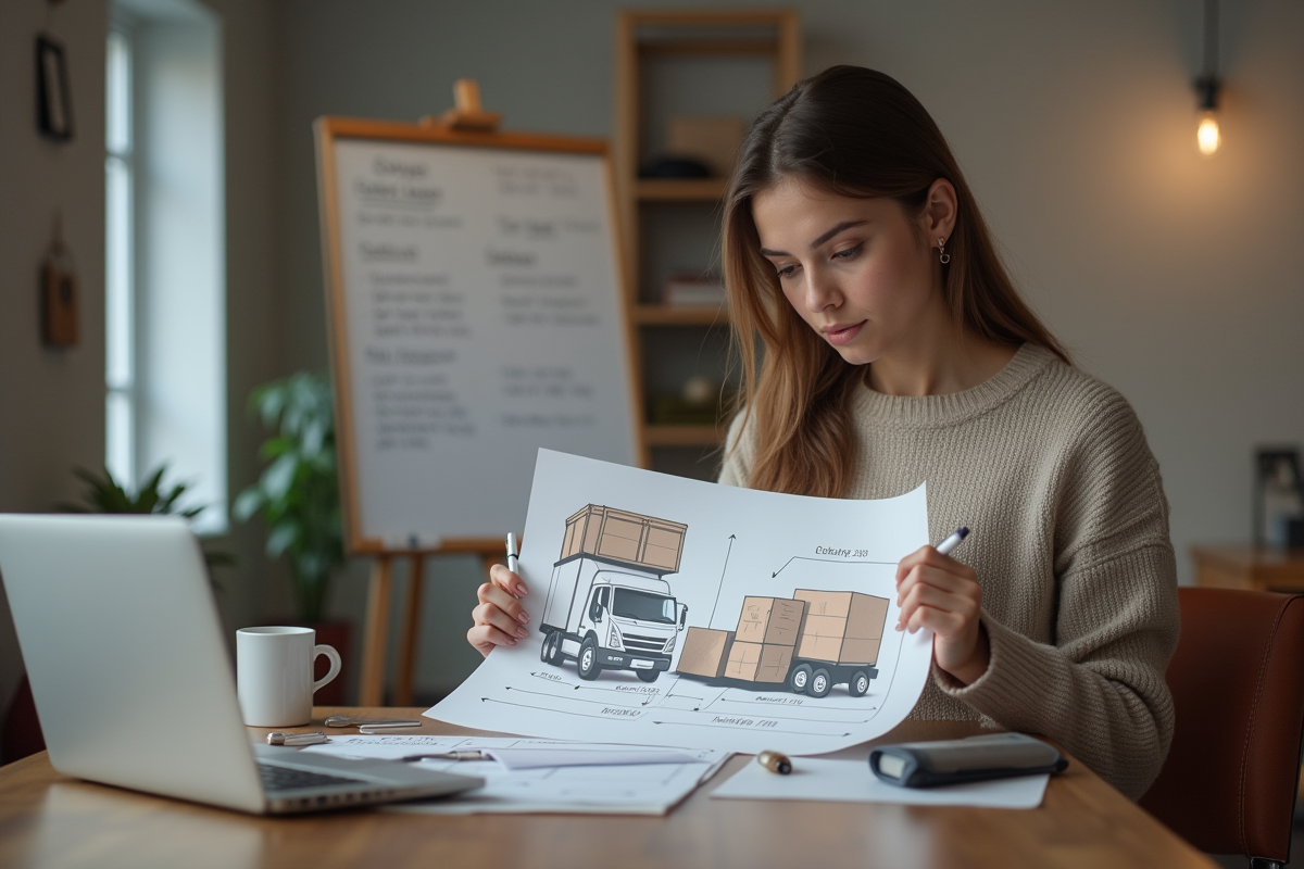 Femme étudiant un schéma de van de livraison