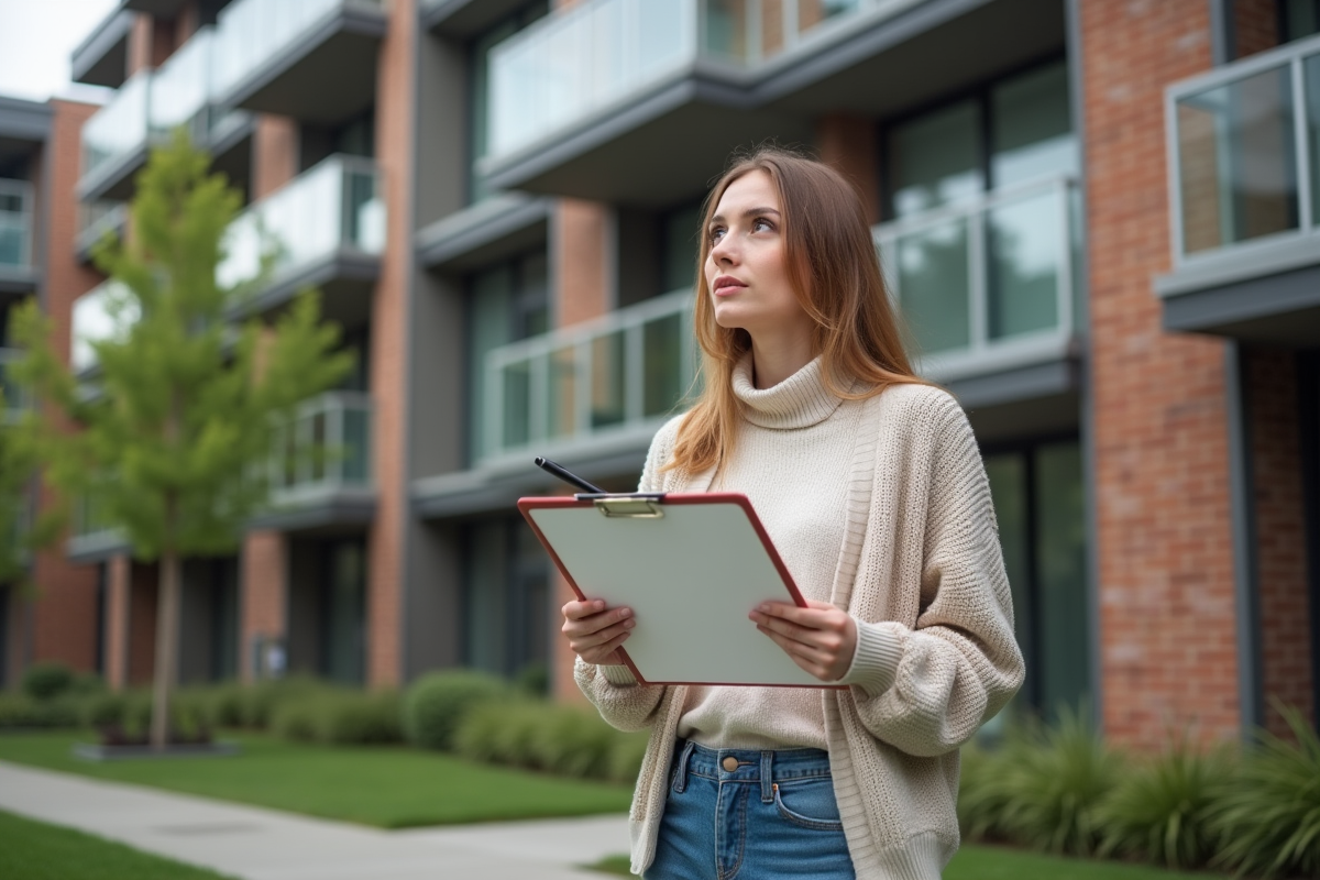 Jeune femme regardant un bâtiment résidentiel avec un clipboard