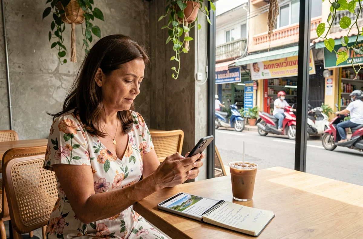 Femme expatriée recherchant une maison à acheter en Thaïlande sur son smartphone dans un café de Phuket