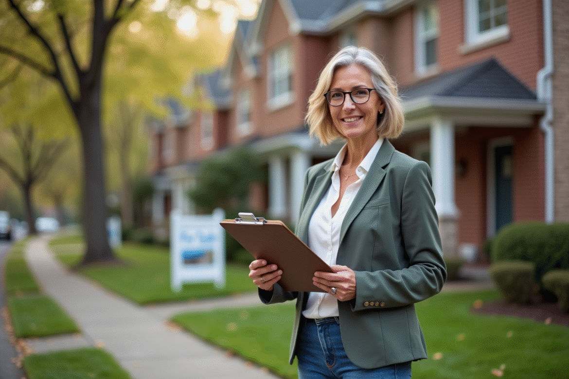 Femme d'âge moyen tenant un flyer immobilier devant une maison