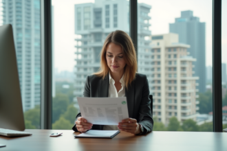 Femme professionnelle étudie une brochure immobilière