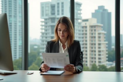 Femme professionnelle étudie une brochure immobilière