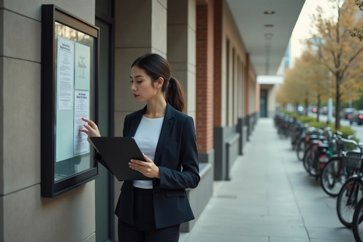 Femme lisant une affiche dans un couloir urbain