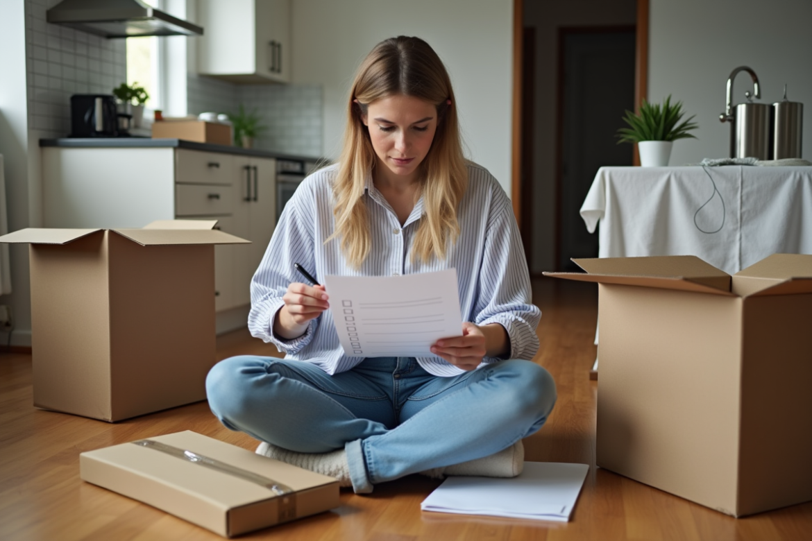 Femme vérifiant sa liste de déménagement dans un appartement organisé