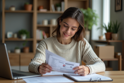Femme triant des documents officiels dans un appartement