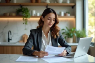Femme en blazer examinant documents de mortgage dans une cuisine lumineuse