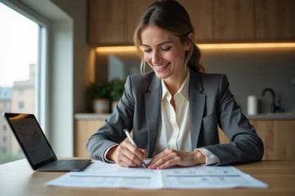 Femme en blazer remplissant des formulaires de prêt immobilier