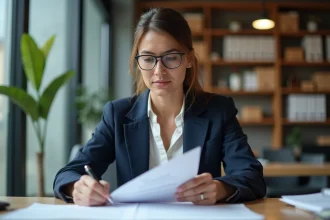Femme professionnelle en agence immobilière analysant des contrats de location pour sécuriser les loyers