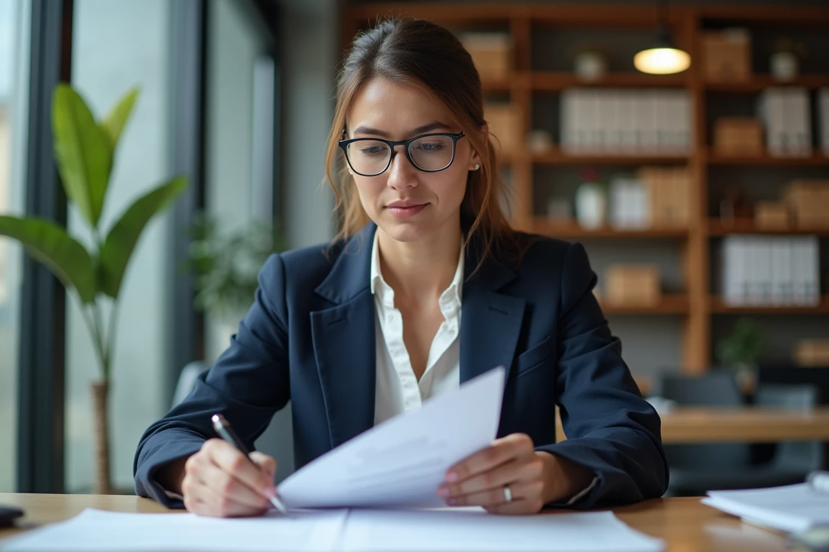 Femme professionnelle en agence immobilière analysant des contrats de location pour sécuriser les loyers