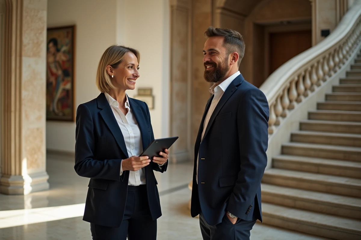 Femme professionnelle discutant avec un client dans un appartement luxe