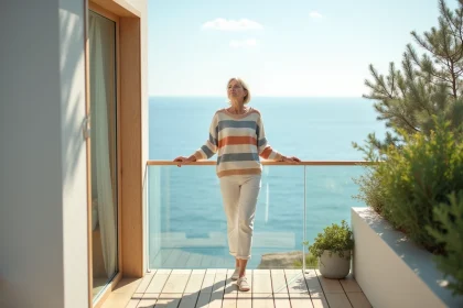 Femme en détente sur terrasse face à la mer