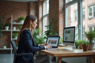 Femme professionnelle cherchant un logement proche de son travail sur un ordinateur avec des filtres de recherche immobilière avancés