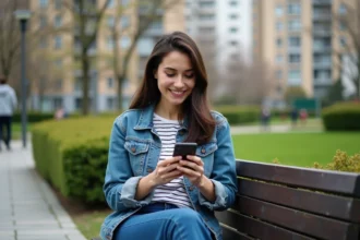 Femme sur un banc en ville utilisant une application logement