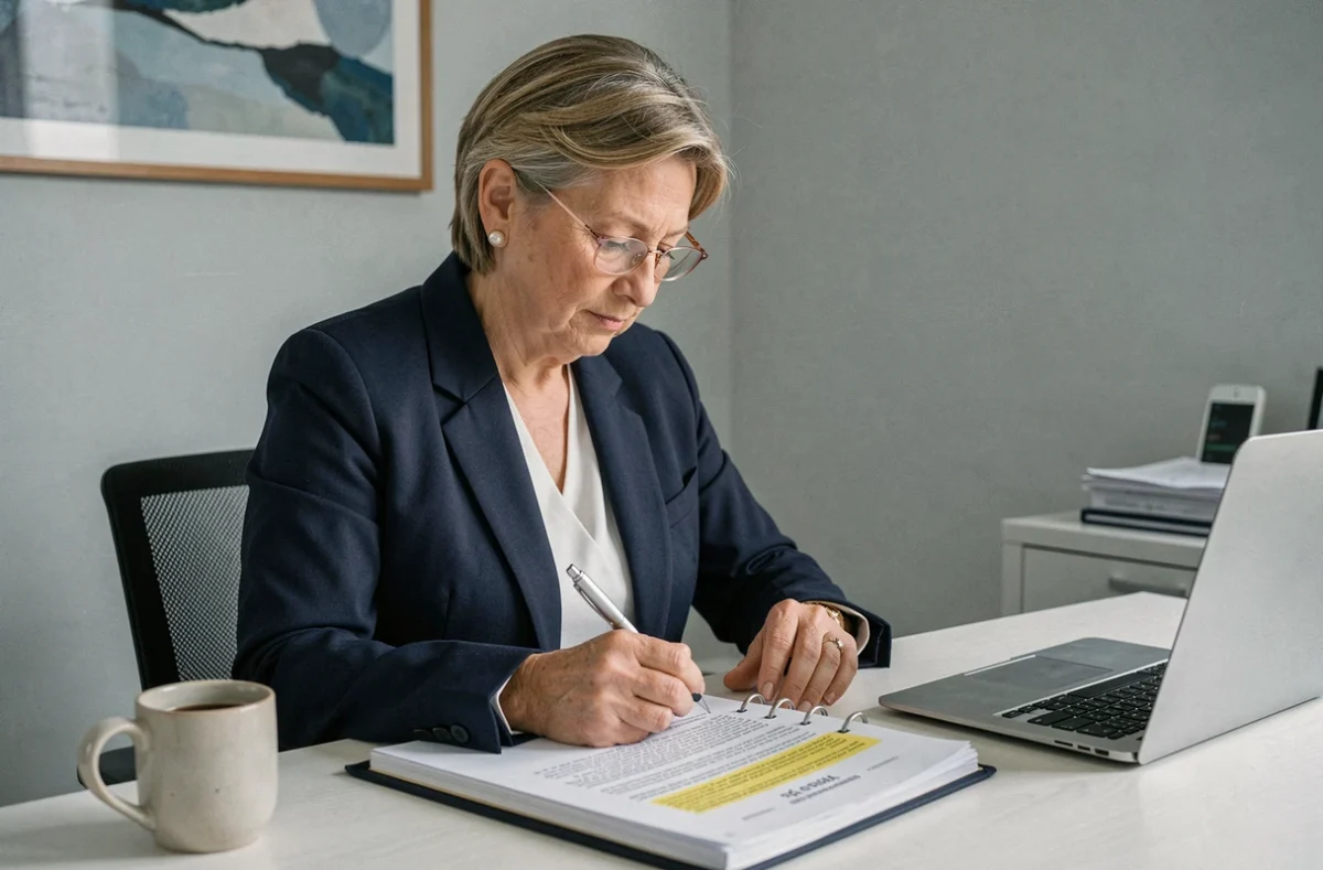 Femme senior concentrée sur des documents juridiques d'assurance-vie et d'indivision dans un bureau à domicile épuré