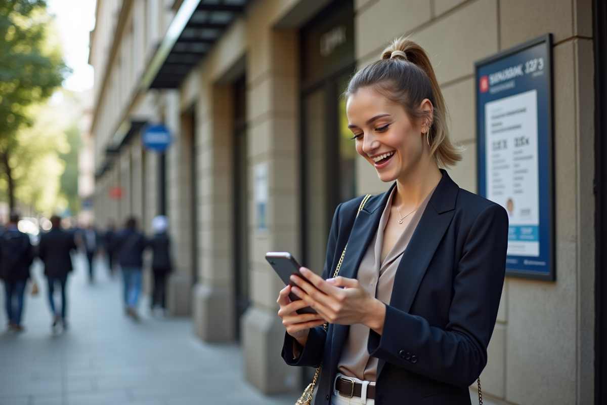 Femme souriante utilise son smartphone devant une banque