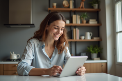 Jeune femme utilisant une tablette pour une visite virtuelle d'appartement