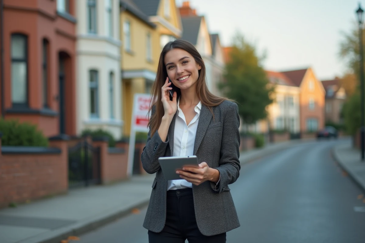 Jeune femme parlant au téléphone dans une rue résidentielle