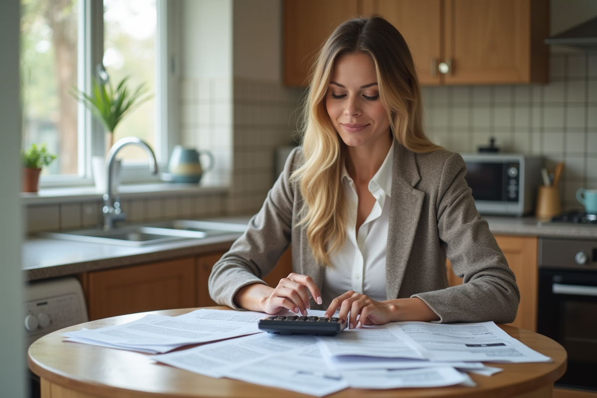 Femme triant des documents fiscaux à la maison
