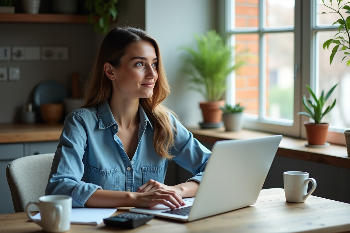 Jeune femme travaillant à la maison avec ordinateur et calculatrice