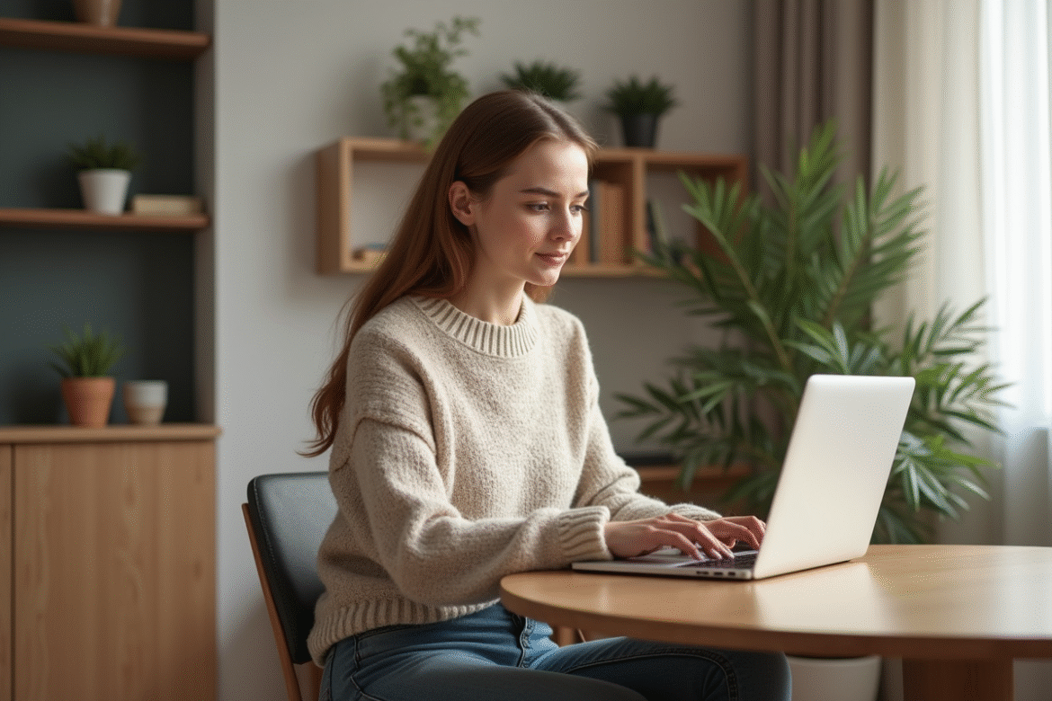 Jeune femme travaillant sur un ordinateur dans un appartement moderne