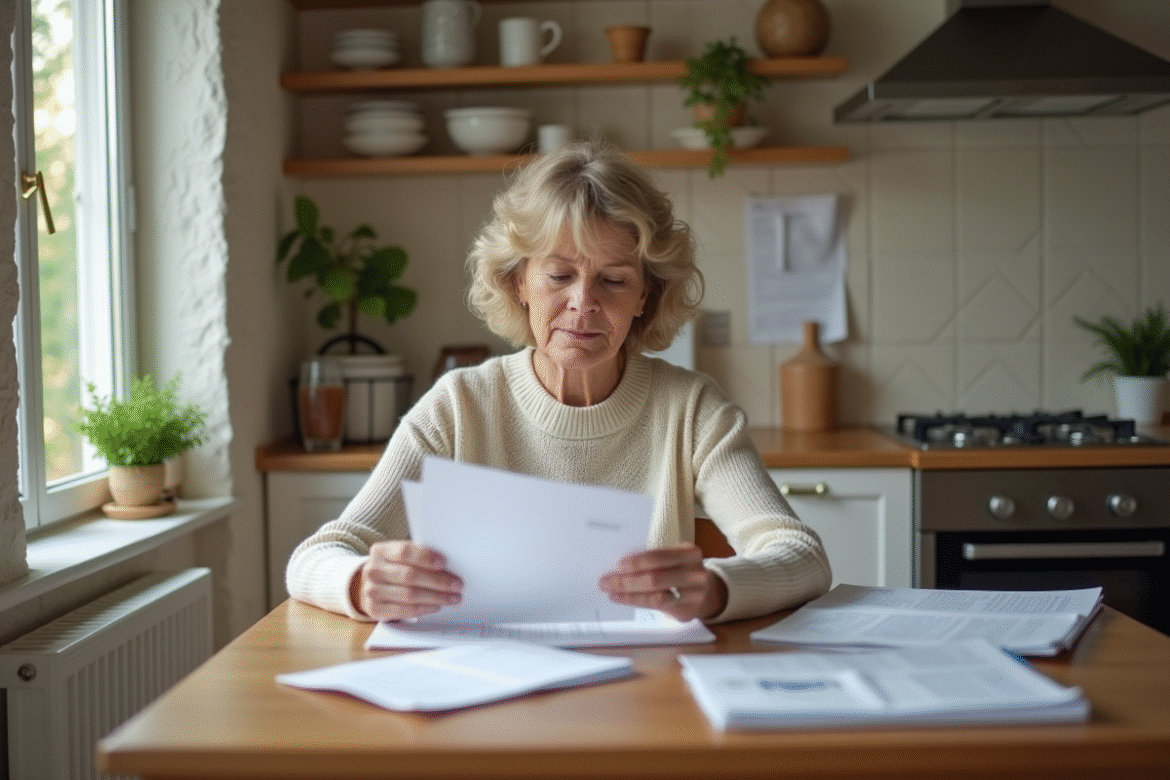 Femme française triant des lettres dans la cuisine