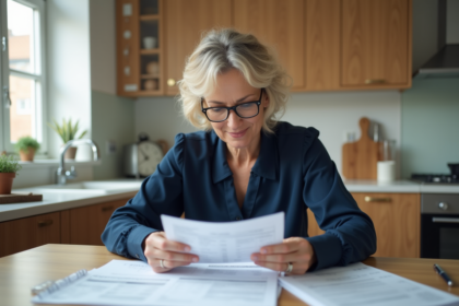 Femme d'âge moyen triant des papiers dans une cuisine lumineuse